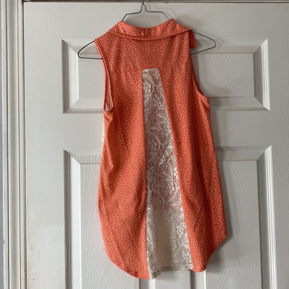 Exhilaration orange peach sheer Floral lacy button front Highlow shirt blouse - Picture 9 of 17